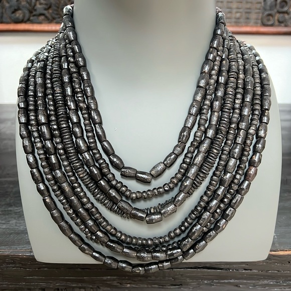 Black Dark Brown Wood Beaded Necklace 8 Strand Rounded Crochet Side Details - Picture 1 of 12